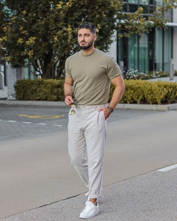 Olive Green T-Shirt with Beige Linen Pants and White Sneakers 